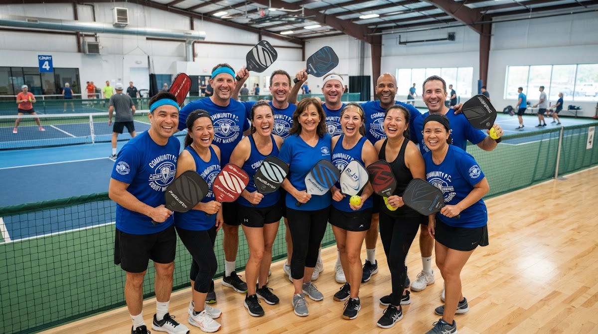 A pickleball club team and their coach standing courtside together, paddles in hand A pickleball club team and their coach standing courtside together, paddles in hand