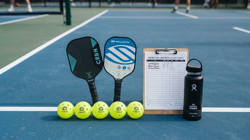 Pickleball equipment laid out on a blue court: graphite paddles, neon balls, a clipboard roster sheet and a water bottle Pickleball equipment laid out on a blue court: graphite paddles, neon balls, a clipboard roster sheet and a water bottle