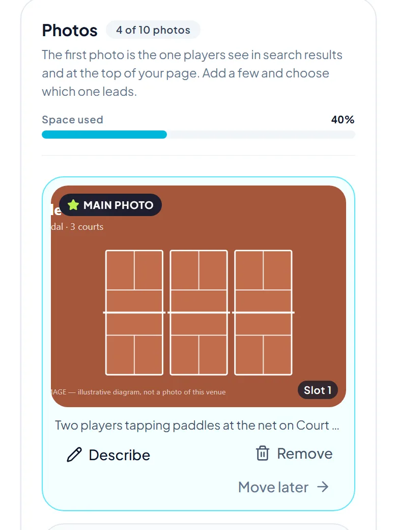 A place's Gallery tab, with photo cards, the main photo marked and tips for good photos.