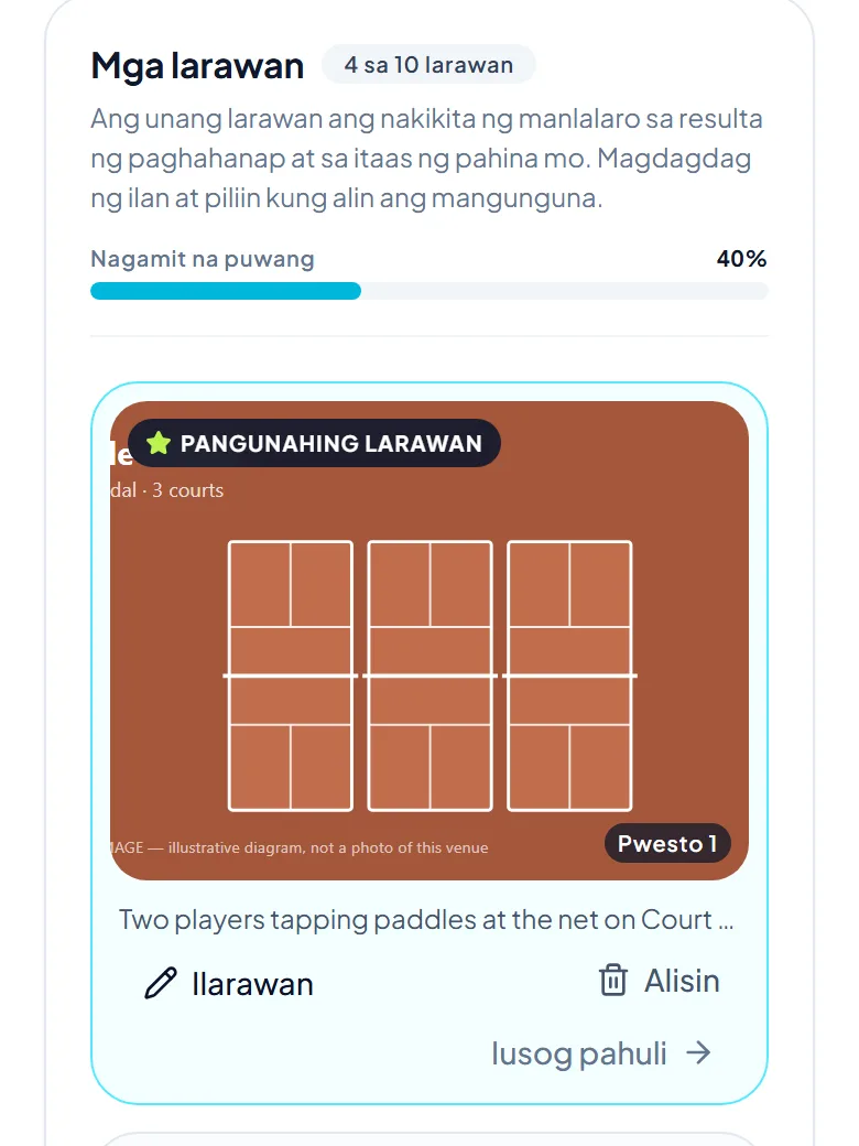 Ang tab na Gallery ng lugar, may mga card ng larawan, markado ang main photo at mga tip para sa magandang larawan.