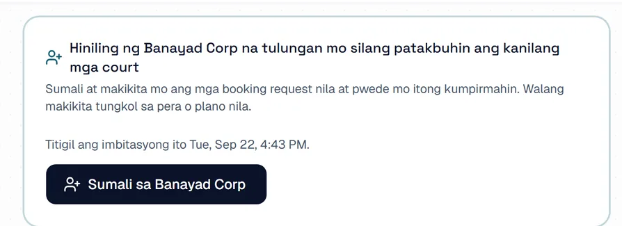 Imbitasyon sa bahagi ng pag-host na nagsasabing hiniling ng isang negosyo na tulungan mo sila sa mga court nila, may button para sumali.