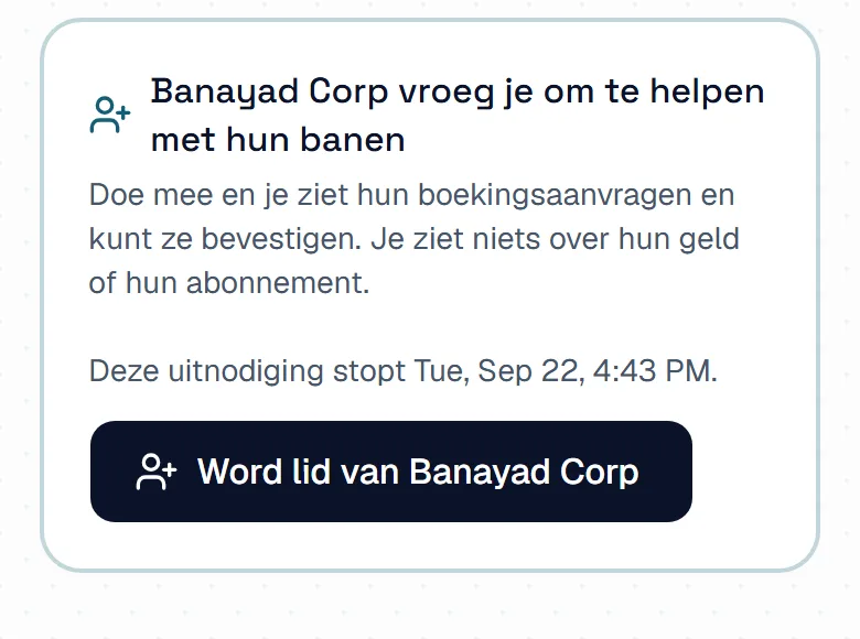 Een uitnodiging aan de gastheerkant: een bedrijf vraagt je om te helpen met hun banen, met een knop om lid te worden. Een uitnodiging aan de gastheerkant: een bedrijf vraagt je om te helpen met hun banen, met een knop om lid te worden.