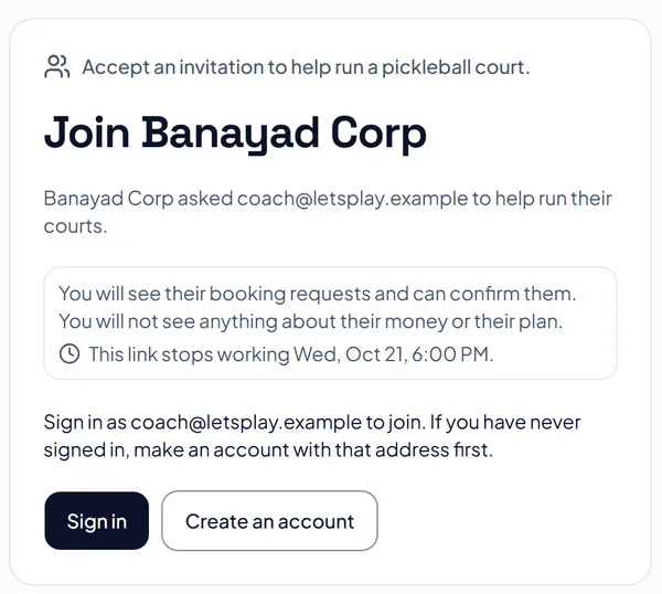An invitation page: Join Banayad Corp, what joining means, when the link stops working, and Sign in and Create an account buttons. An invitation page: Join Banayad Corp, what joining means, when the link stops working, and Sign in and Create an account buttons.