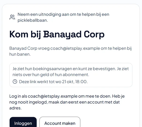 Een uitnodigingspagina: Kom bij Banayad Corp, wat meedoen betekent, wanneer de link stopt met werken, en knoppen om in te loggen of een account te maken. Een uitnodigingspagina: Kom bij Banayad Corp, wat meedoen betekent, wanneer de link stopt met werken, en knoppen om in te loggen of een account te maken.