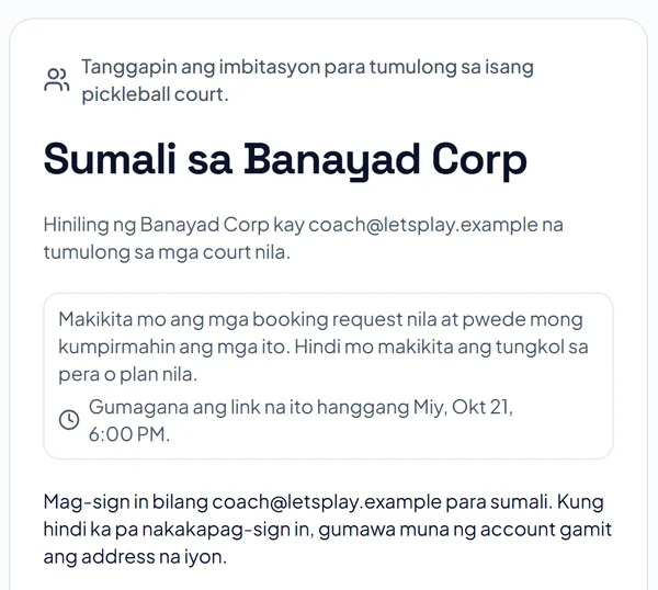 Isang page ng imbitasyon: Sumali sa Banayad Corp, ano ang ibig sabihin ng pagsali, kailan titigil ang link, at mga button para mag-sign in o gumawa ng account.