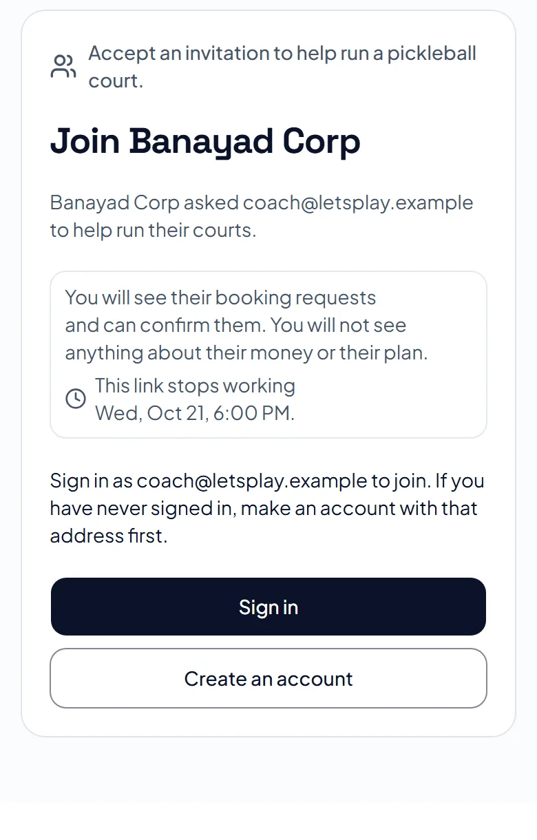 An invitation page: Join Banayad Corp, what joining means, when the link stops working, and Sign in and Create an account buttons. An invitation page: Join Banayad Corp, what joining means, when the link stops working, and Sign in and Create an account buttons.