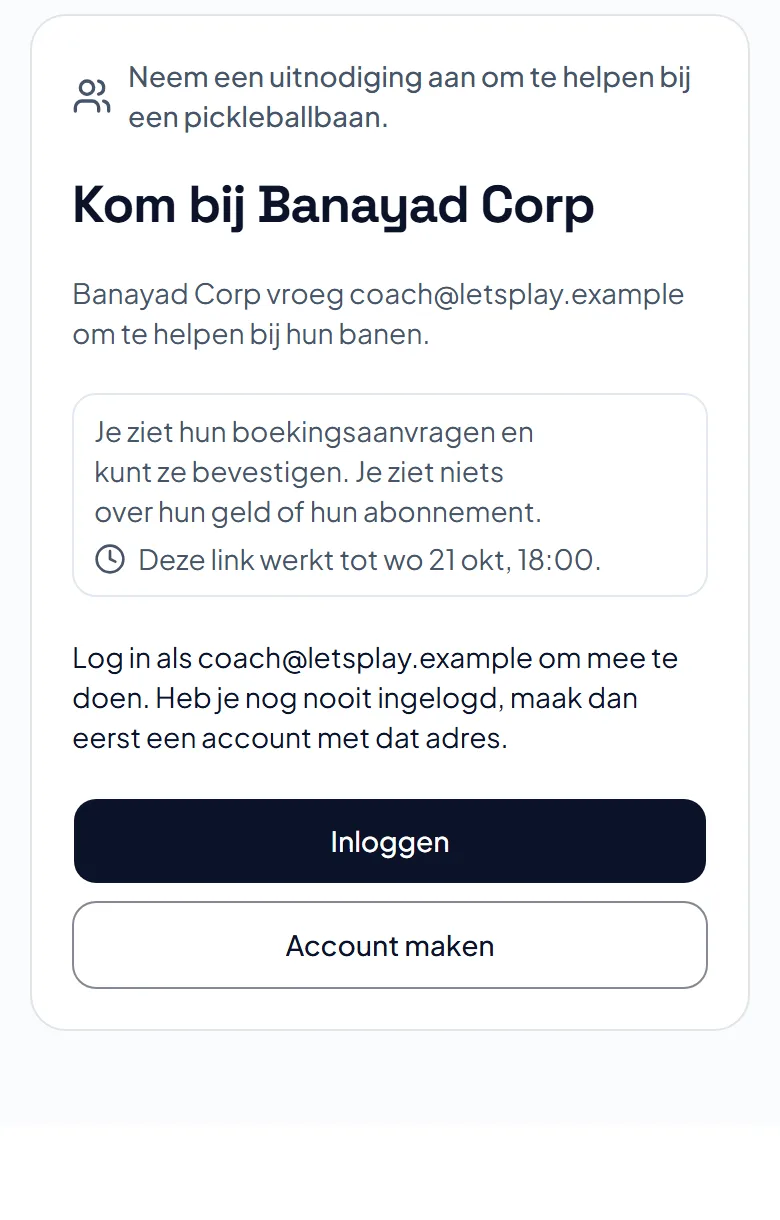 Een uitnodigingspagina: Kom bij Banayad Corp, wat meedoen betekent, wanneer de link stopt met werken, en knoppen om in te loggen of een account te maken.