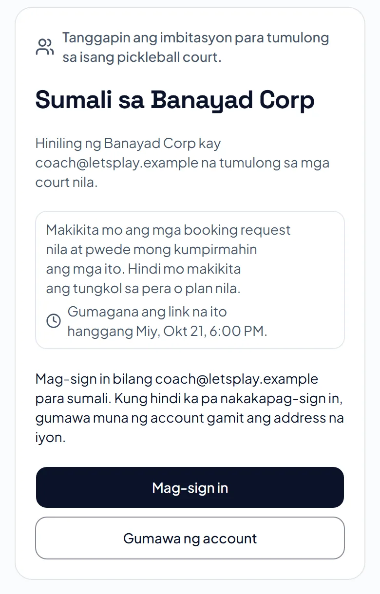 Isang page ng imbitasyon: Sumali sa Banayad Corp, ano ang ibig sabihin ng pagsali, kailan titigil ang link, at mga button para mag-sign in o gumawa ng account. Isang page ng imbitasyon: Sumali sa Banayad Corp, ano ang ibig sabihin ng pagsali, kailan titigil ang link, at mga button para mag-sign in o gumawa ng account.