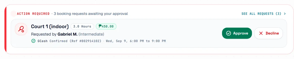 The Action Required box with the oldest booking request, its time and payment, and the Approve and Decline buttons. The Action Required box with the oldest booking request, its time and payment, and the Approve and Decline buttons.