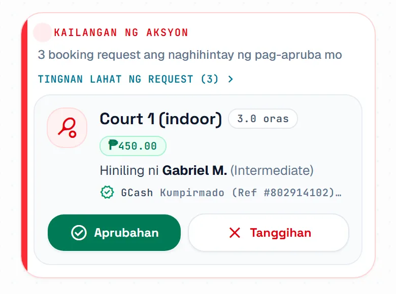 Ang kahon na Kailangan ng aksyon, may pinakalumang booking request, oras at bayad nito, at mga button na Aprubahan at Tanggihan.