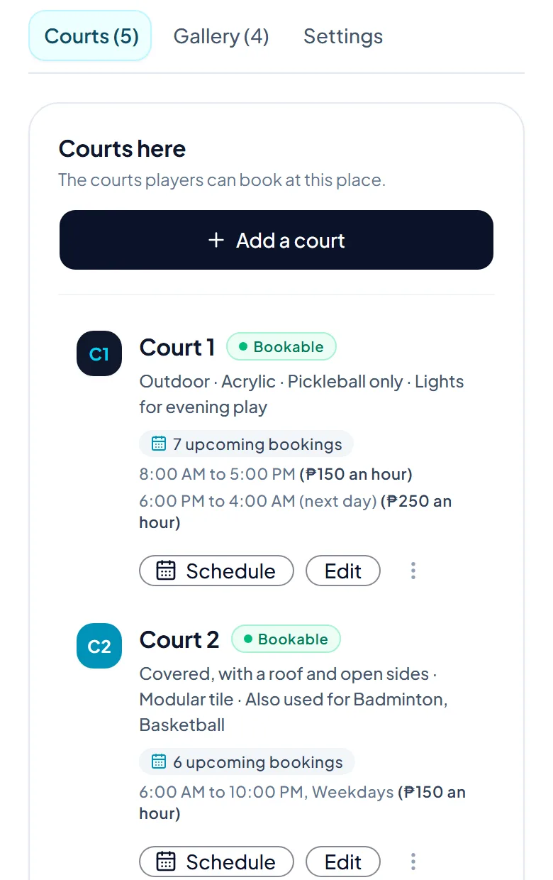 A place's Courts tab, listing each court with its hours, price and Edit button.