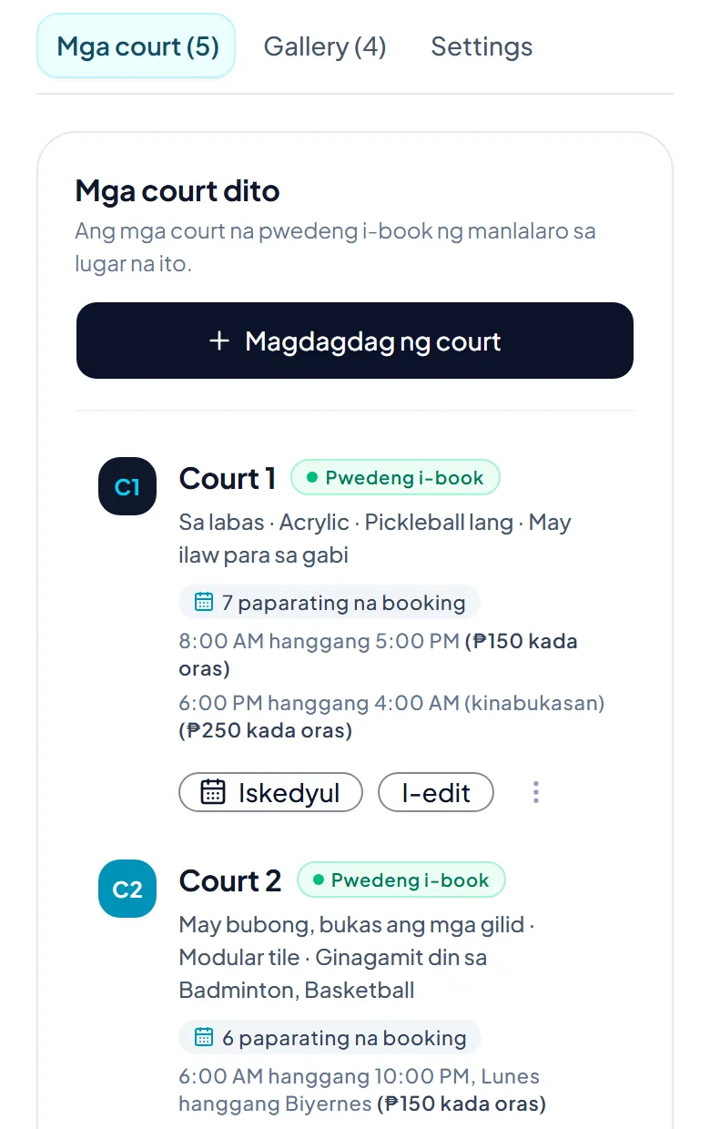 Ang tab ng mga court ng lugar, nakalista ang bawat court kasama ang oras, presyo at button para i-edit. Ang tab ng mga court ng lugar, nakalista ang bawat court kasama ang oras, presyo at button para i-edit.