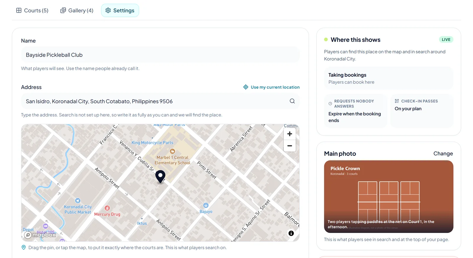 A place's Settings tab, with the boxes for its name and address and the map with its pin.