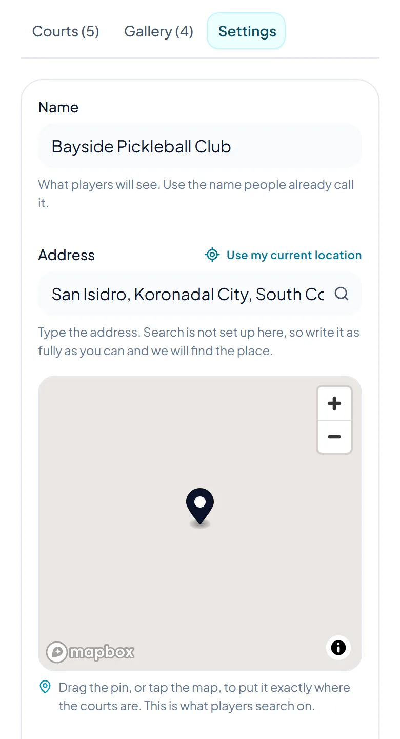 A place's Settings tab, with the boxes for its name and address and the map with its pin. A place's Settings tab, with the boxes for its name and address and the map with its pin.