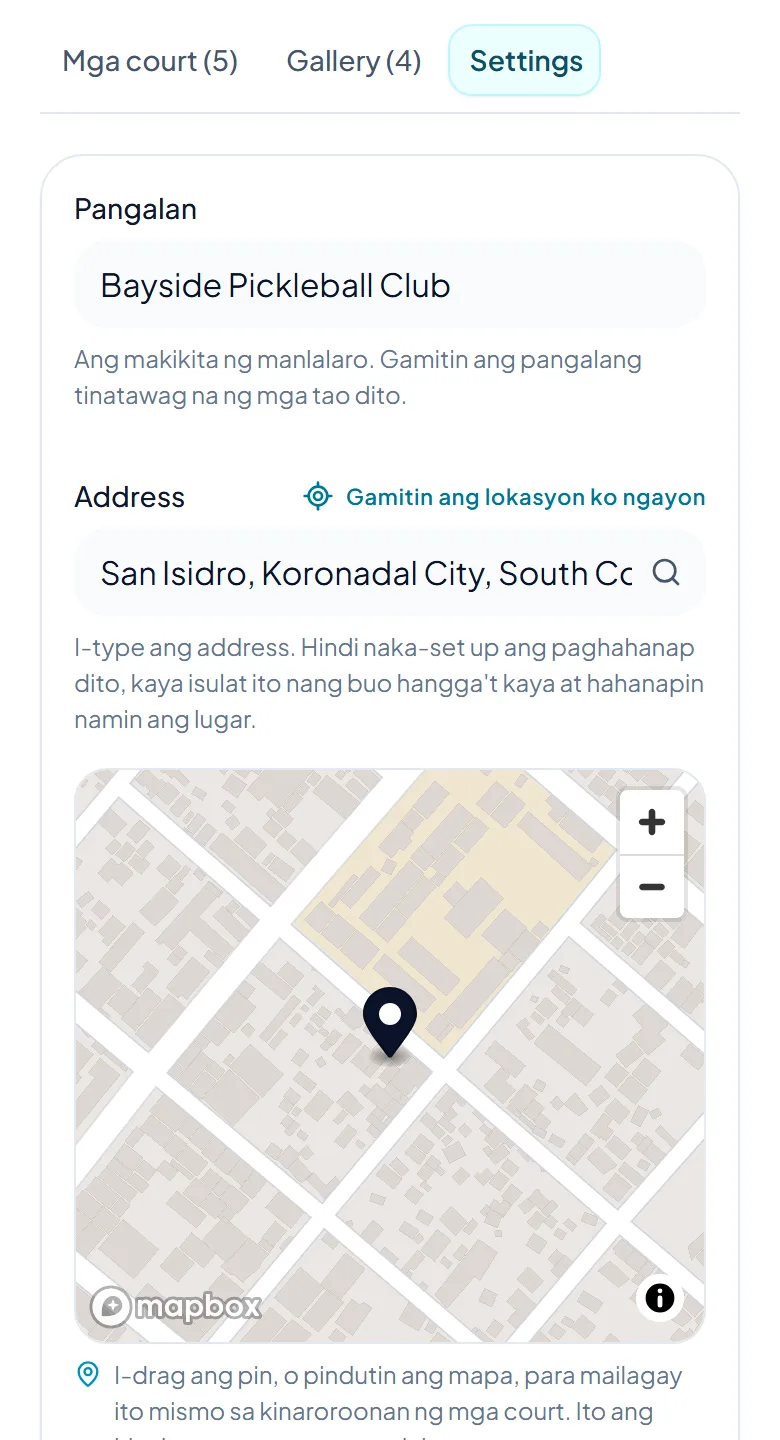 Ang tab na Settings ng isang lugar, na may kahon para sa pangalan at address nito at ang mapa na may pin. Ang tab na Settings ng isang lugar, na may kahon para sa pangalan at address nito at ang mapa na may pin.