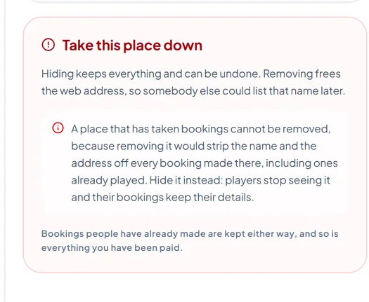 The Take this place down card, saying that hiding keeps everything and that a place with bookings cannot be removed. The Take this place down card, saying that hiding keeps everything and that a place with bookings cannot be removed.