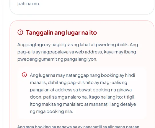 Ang card na Tanggalin ang lugar na ito, na nagsasabing naiingatan ang lahat kapag itinago at hindi maaalis ang lugar na may booking.
