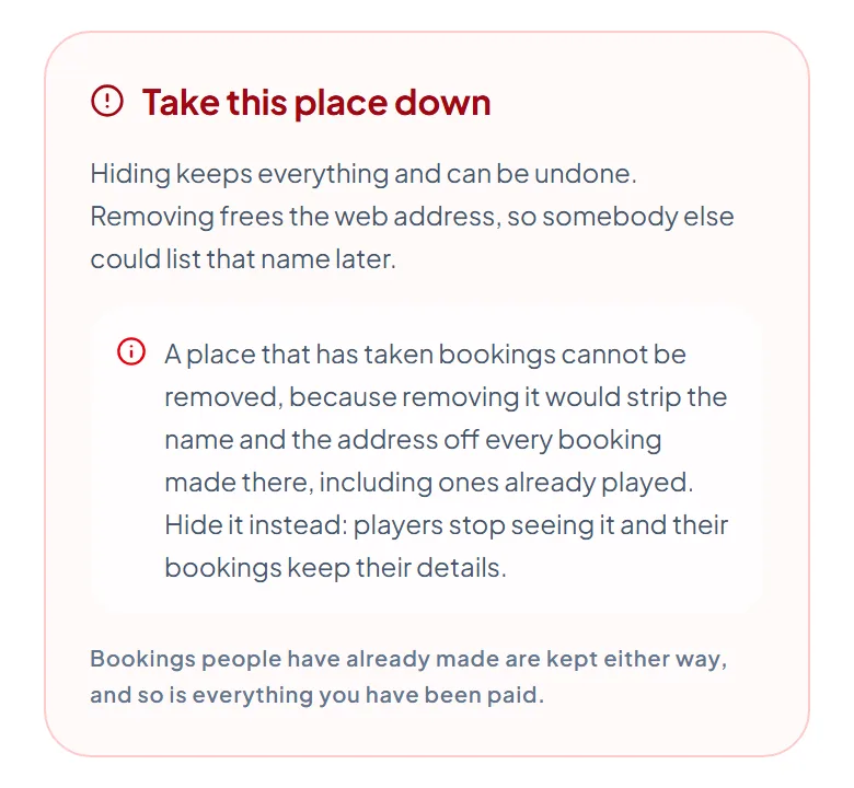 The Take this place down card, saying that hiding keeps everything and that a place with bookings cannot be removed. The Take this place down card, saying that hiding keeps everything and that a place with bookings cannot be removed.