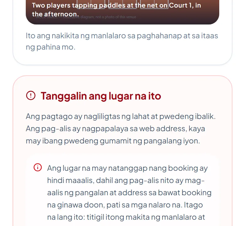 Ang card na Tanggalin ang lugar na ito, na nagsasabing naiingatan ang lahat kapag itinago at hindi maaalis ang lugar na may booking. Ang card na Tanggalin ang lugar na ito, na nagsasabing naiingatan ang lahat kapag itinago at hindi maaalis ang lugar na may booking.