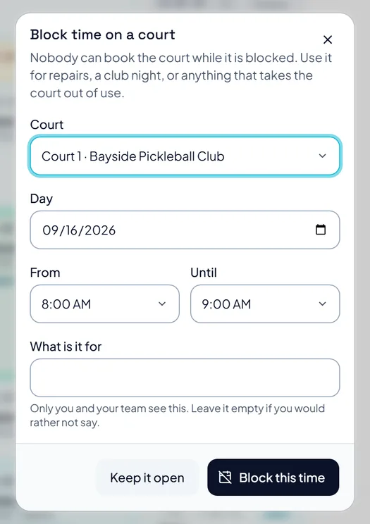 The Block time on a court form, with boxes for the court, the day, the start and end time and what it is for.