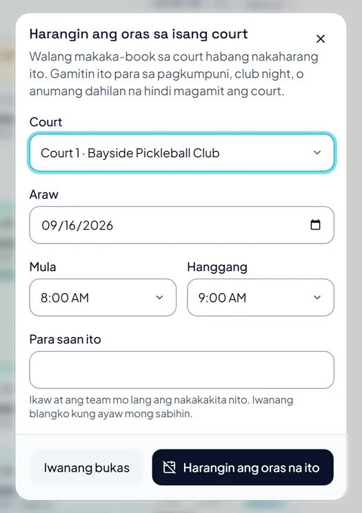 Ang form na Harangin ang oras sa court, na may kahon para sa court, araw, oras ng simula at tapos, at kung para saan ito. Ang form na Harangin ang oras sa court, na may kahon para sa court, araw, oras ng simula at tapos, at kung para saan ito.