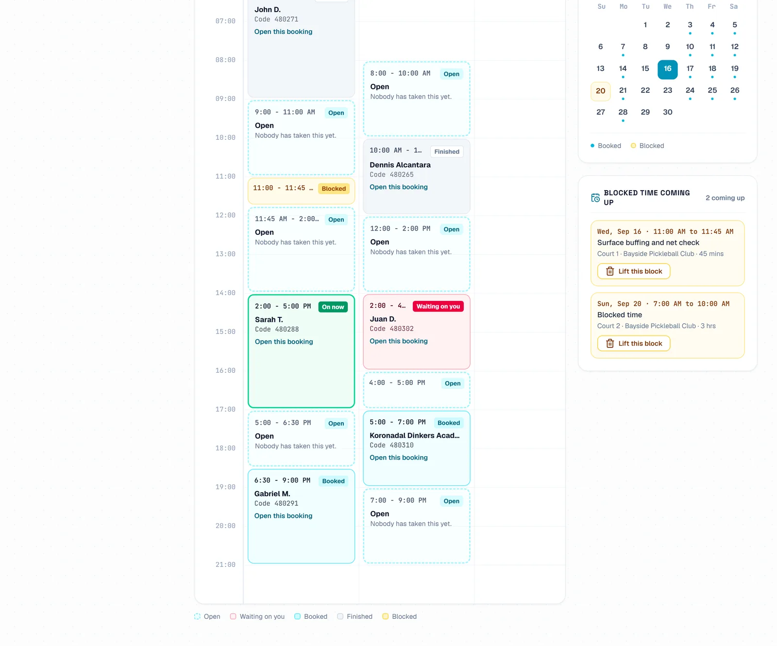 The court schedule for one day, with open, blocked, booked and waiting times, and the booking being played now.