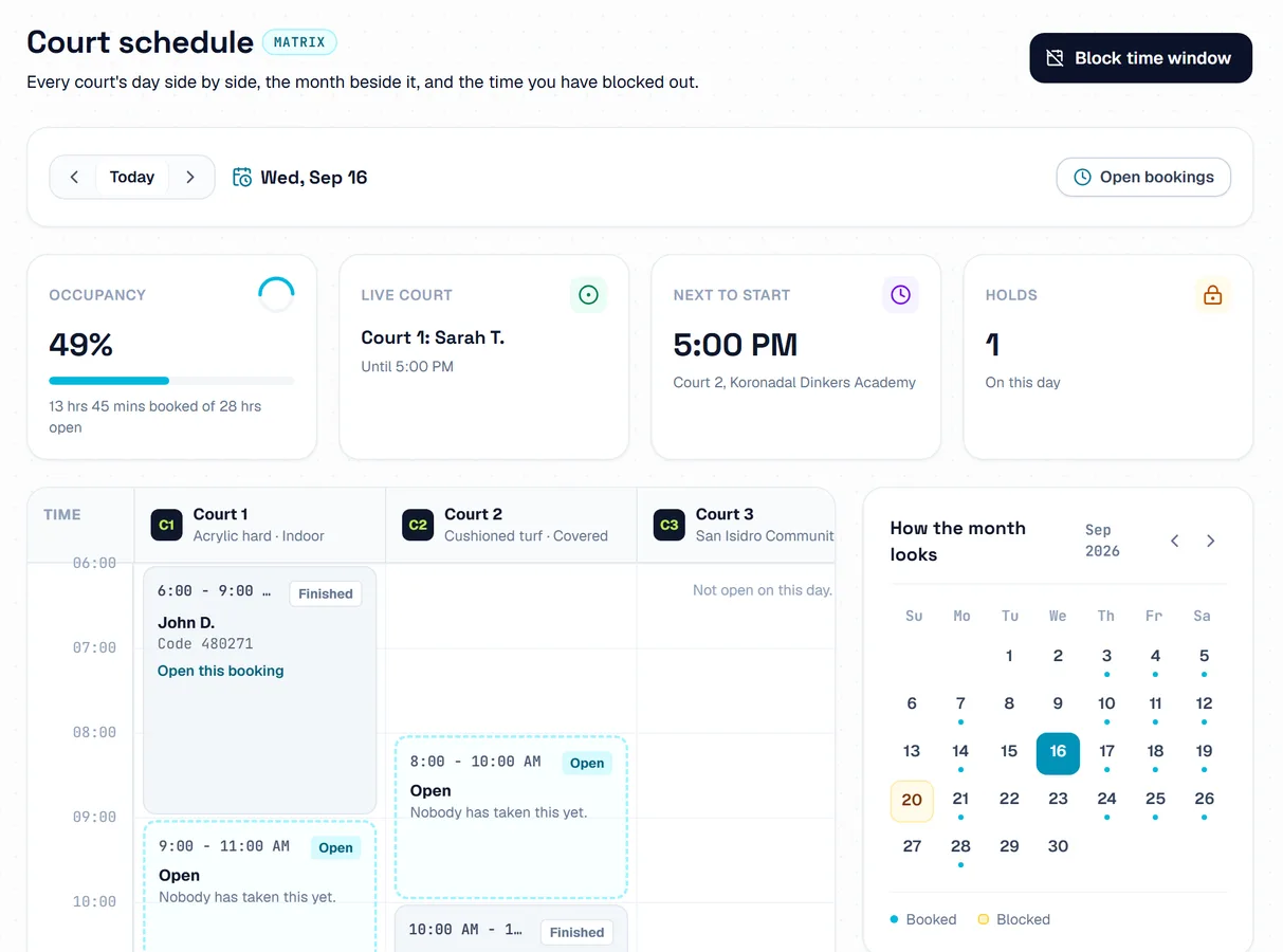 The court schedule, with each court's day side by side and the month beside it. The court schedule, with each court's day side by side and the month beside it.