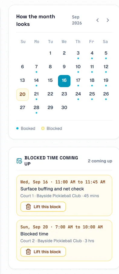 The month calendar with a dot under each day that has bookings, and a list of blocked time coming up. The month calendar with a dot under each day that has bookings, and a list of blocked time coming up.