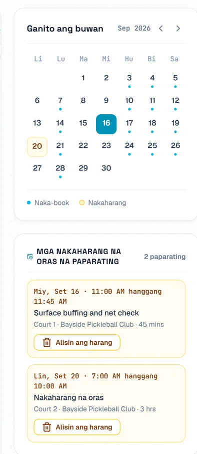 Ang kalendaryo ng buwan na may tuldok sa ilalim ng bawat araw na may booking, at listahan ng nakaharang na oras na paparating. Ang kalendaryo ng buwan na may tuldok sa ilalim ng bawat araw na may booking, at listahan ng nakaharang na oras na paparating.
