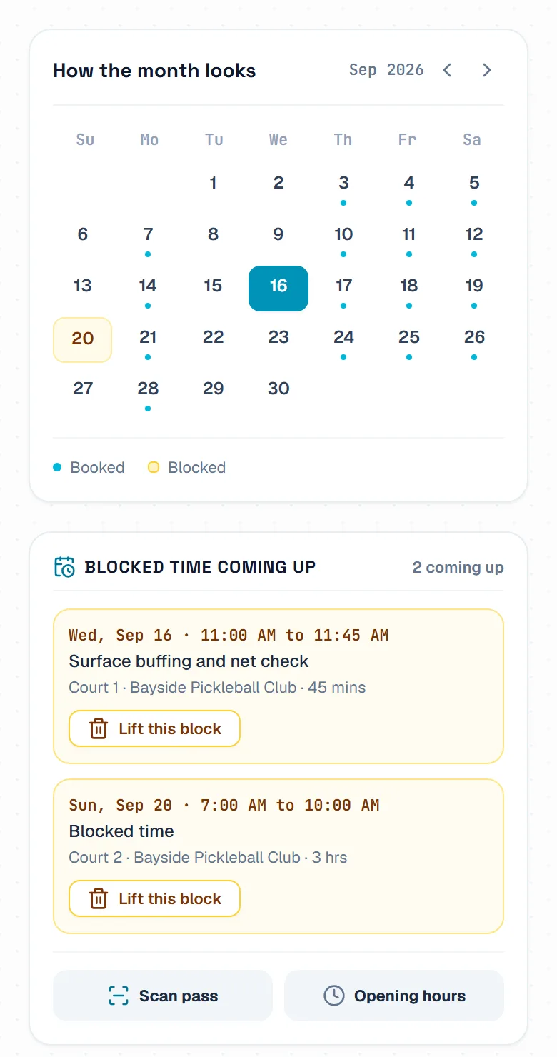 The month calendar with a dot under each day that has bookings, and a list of blocked time coming up. The month calendar with a dot under each day that has bookings, and a list of blocked time coming up.