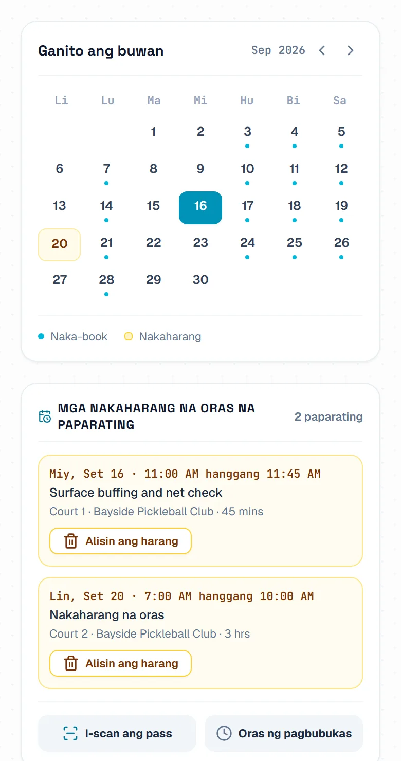 Ang kalendaryo ng buwan na may tuldok sa ilalim ng bawat araw na may booking, at listahan ng nakaharang na oras na paparating.