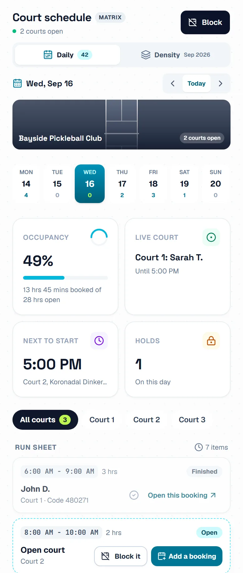 The court schedule, with each court's day side by side and the month beside it. The court schedule, with each court's day side by side and the month beside it.