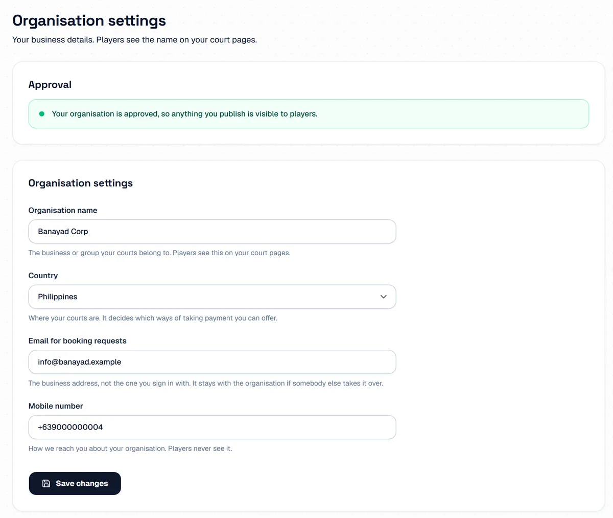 The organisation settings page, with the approval status and boxes for the name, the country, the booking email and the mobile number.