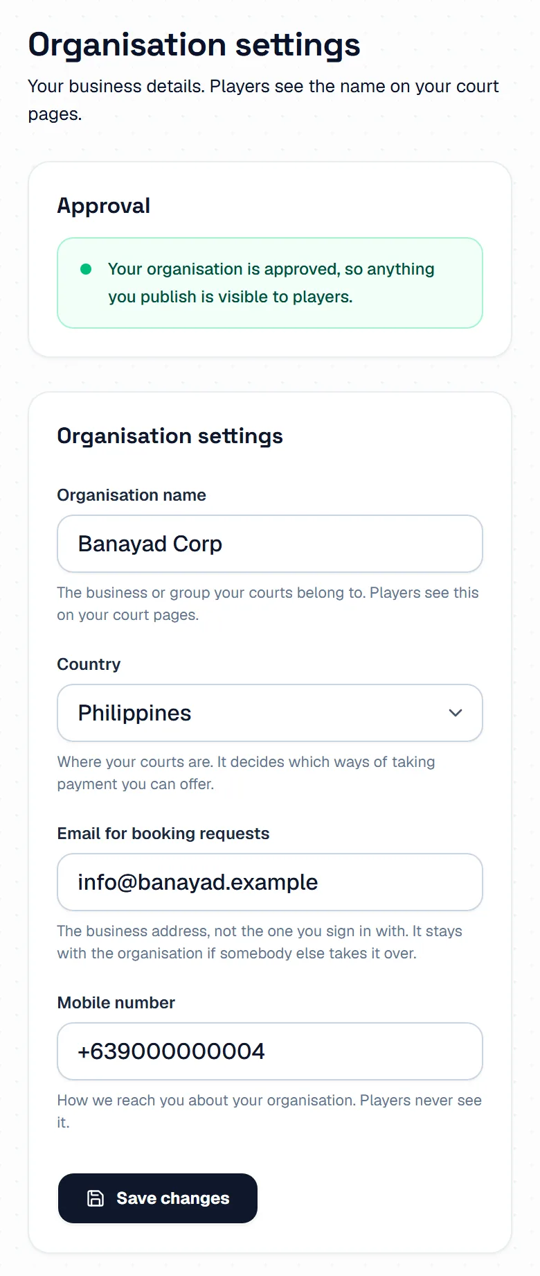 The organisation settings page, with the approval status and boxes for the name, the country, the booking email and the mobile number. The organisation settings page, with the approval status and boxes for the name, the country, the booking email and the mobile number.