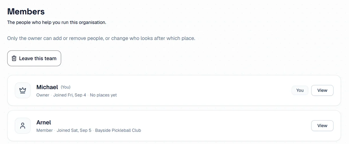 The Team Members page as a team member sees it, with the Leave this team button above the list of people.