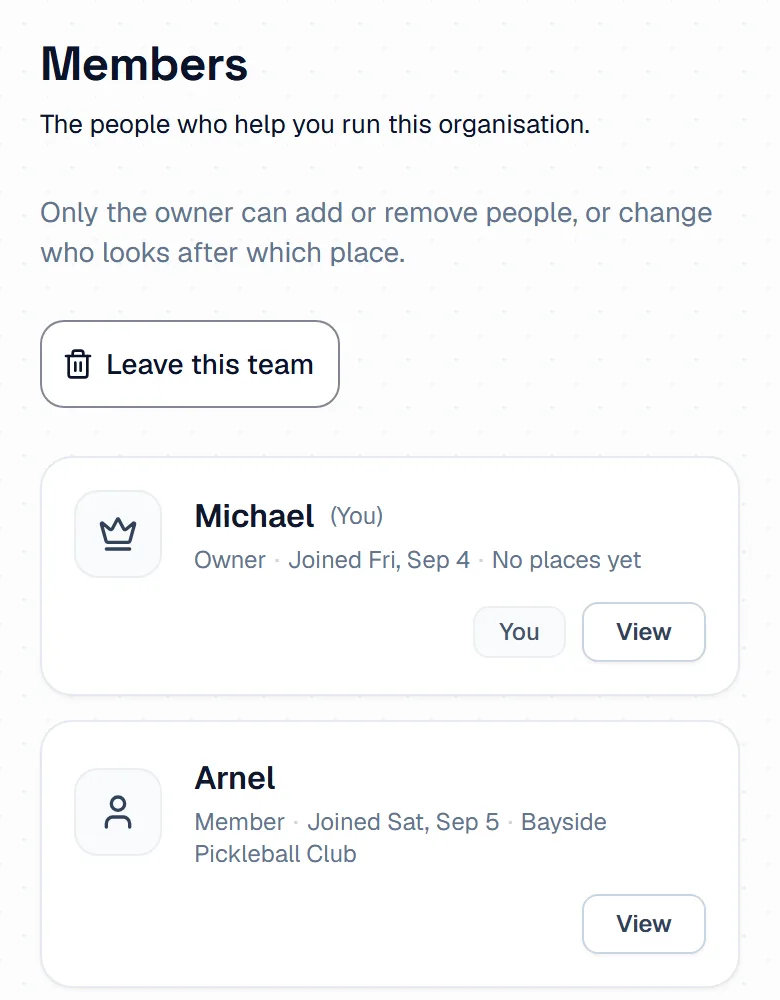 The Team Members page as a team member sees it, with the Leave this team button above the list of people. The Team Members page as a team member sees it, with the Leave this team button above the list of people.