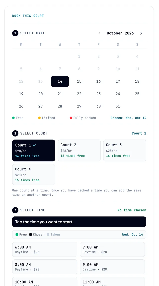 The booking box on a court page, with the calendar for picking a date. The booking box on a court page, with the calendar for picking a date.