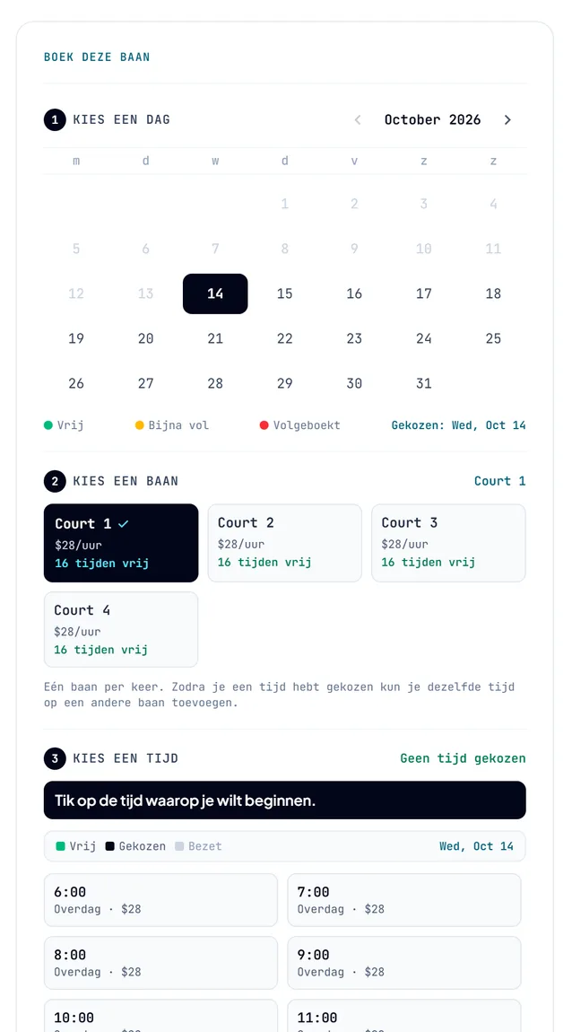 Het boekingsvak op de pagina van een baan, met de kalender om een datum te kiezen.