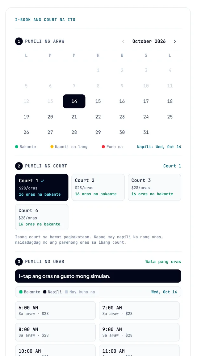 Ang booking box sa page ng court, may kalendaryo para pumili ng petsa.