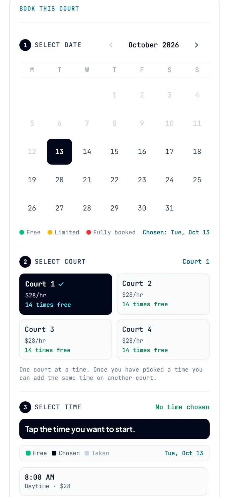 The booking box on a court page, with the calendar for picking a date. The booking box on a court page, with the calendar for picking a date.