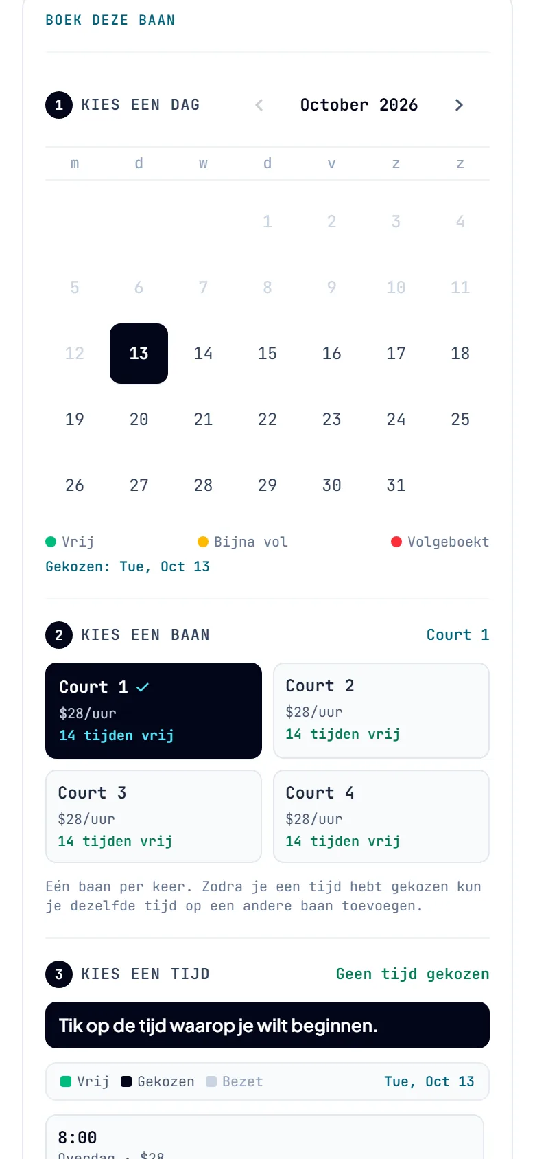 Het boekingsvak op de pagina van een baan, met de kalender om een datum te kiezen.