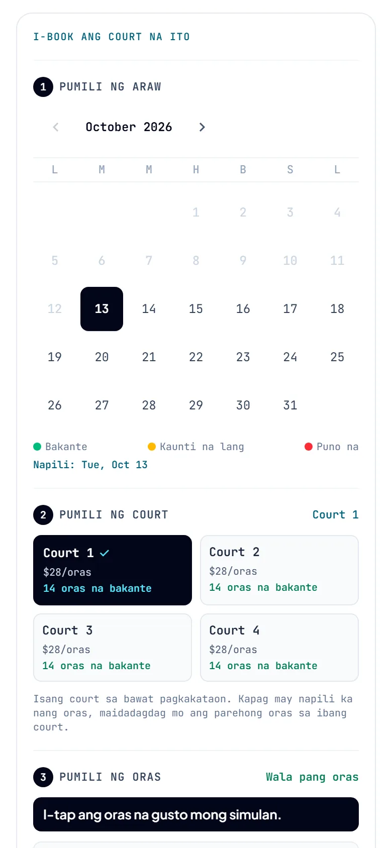 Ang booking box sa page ng court, may kalendaryo para pumili ng petsa.