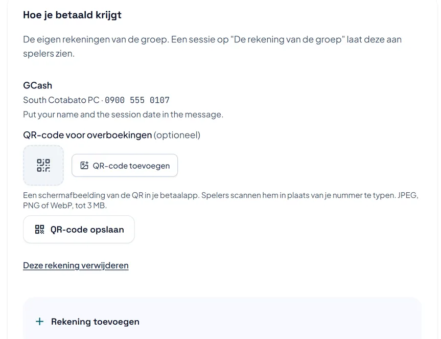 Hoe je betaald krijgt in de instellingen van een club: een rekening met naam, nummer en een notitie voor spelers, een plek voor een QR-code, en Rekening toevoegen.