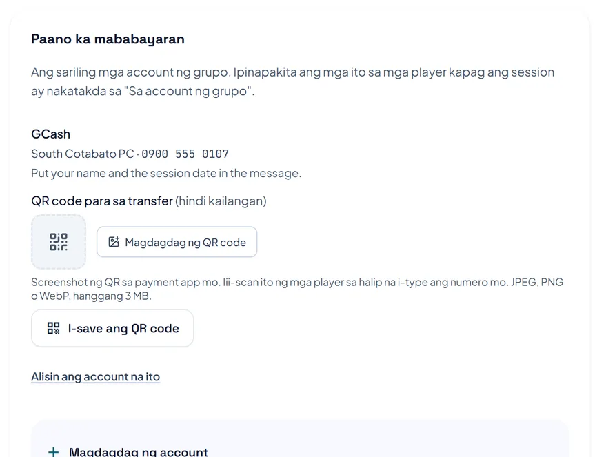 Ang paraan ng pagbabayad sa settings ng club: isang account na may pangalan, numero at paalala sa mga manlalaro, lugar para sa QR code, at ang button para magdagdag ng account. Ang paraan ng pagbabayad sa settings ng club: isang account na may pangalan, numero at paalala sa mga manlalaro, lugar para sa QR code, at ang button para magdagdag ng account.