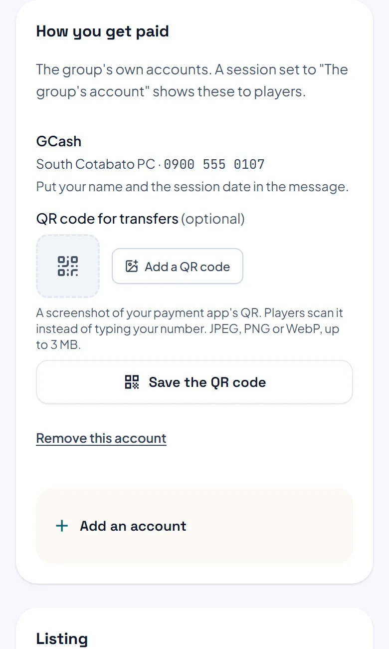 How you get paid in a club's settings: one account with its name, number and a note for players, a place for a QR code, and Add an account.