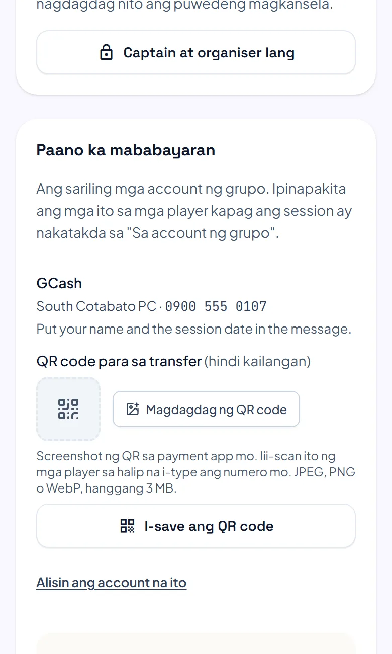 Ang paraan ng pagbabayad sa settings ng club: isang account na may pangalan, numero at paalala sa mga manlalaro, lugar para sa QR code, at ang button para magdagdag ng account. Ang paraan ng pagbabayad sa settings ng club: isang account na may pangalan, numero at paalala sa mga manlalaro, lugar para sa QR code, at ang button para magdagdag ng account.