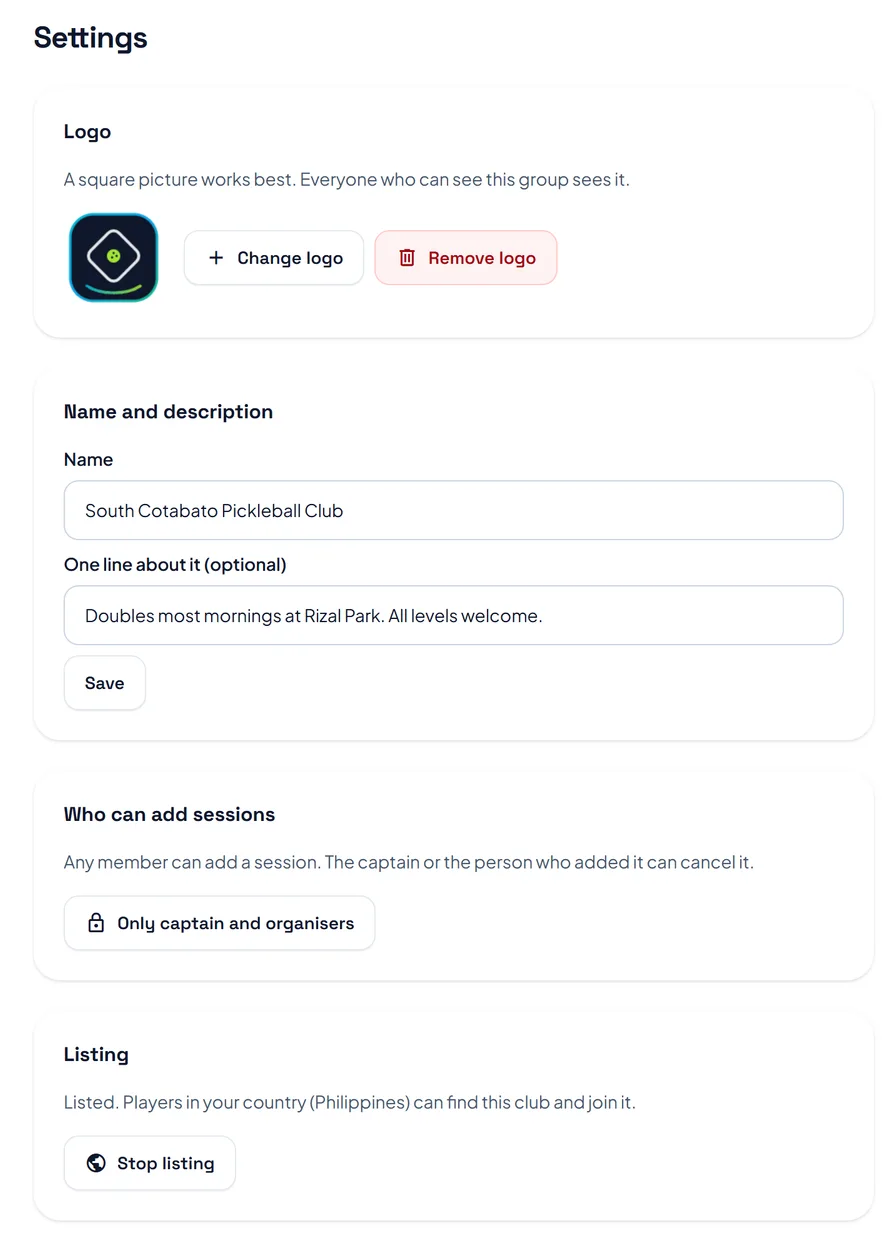 The top of a club's settings: the logo, the name and description, who can add sessions and the button to list the club. The top of a club's settings: the logo, the name and description, who can add sessions and the button to list the club.