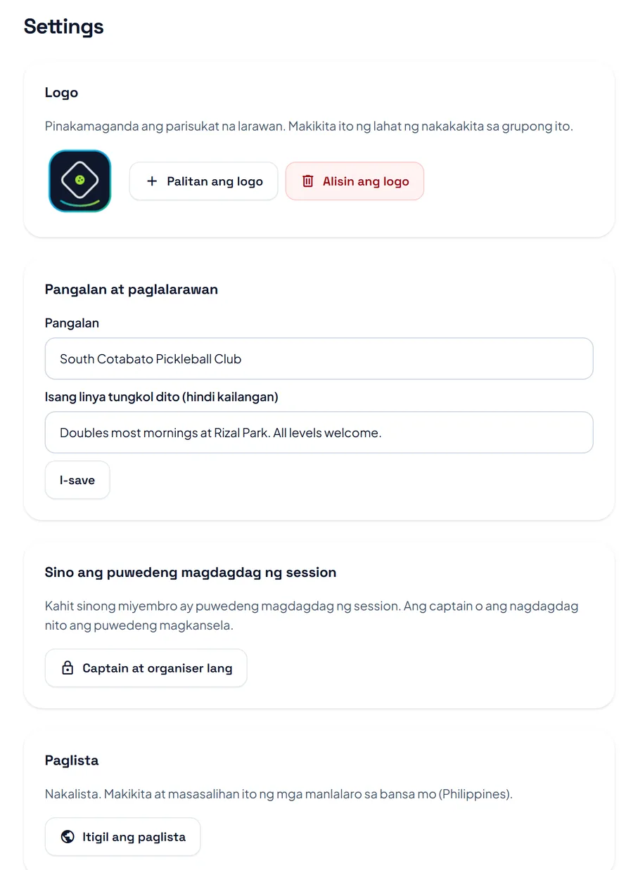 Ang itaas ng settings ng club: ang logo, ang pangalan at paglalarawan, kung sino ang puwedeng magdagdag ng session at ang button para ilista ang club.