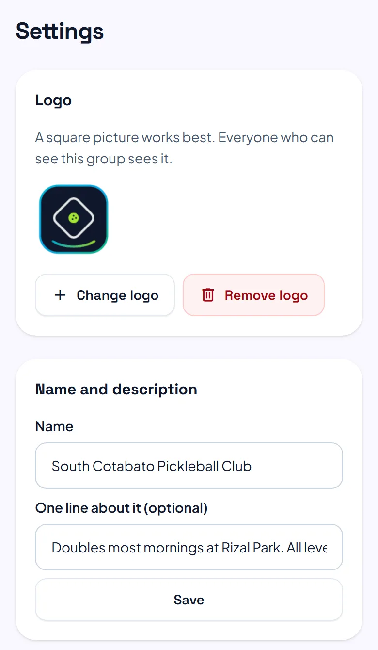 The top of a club's settings: the logo, the name and description, who can add sessions and the button to list the club.