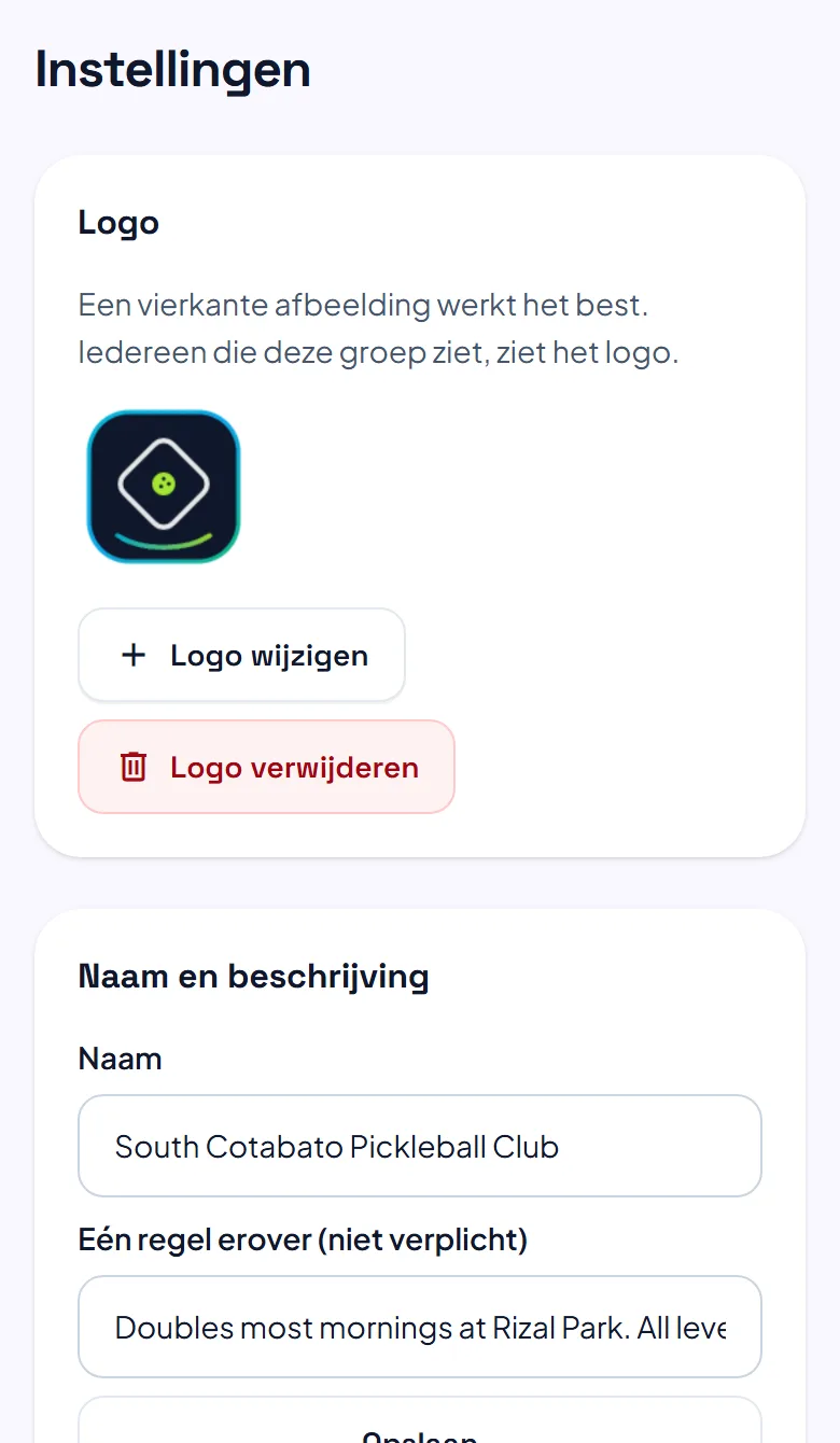 De bovenkant van de instellingen van een club: het logo, de naam en beschrijving, wie sessies kan toevoegen en de knop om de club zichtbaar te maken. De bovenkant van de instellingen van een club: het logo, de naam en beschrijving, wie sessies kan toevoegen en de knop om de club zichtbaar te maken.